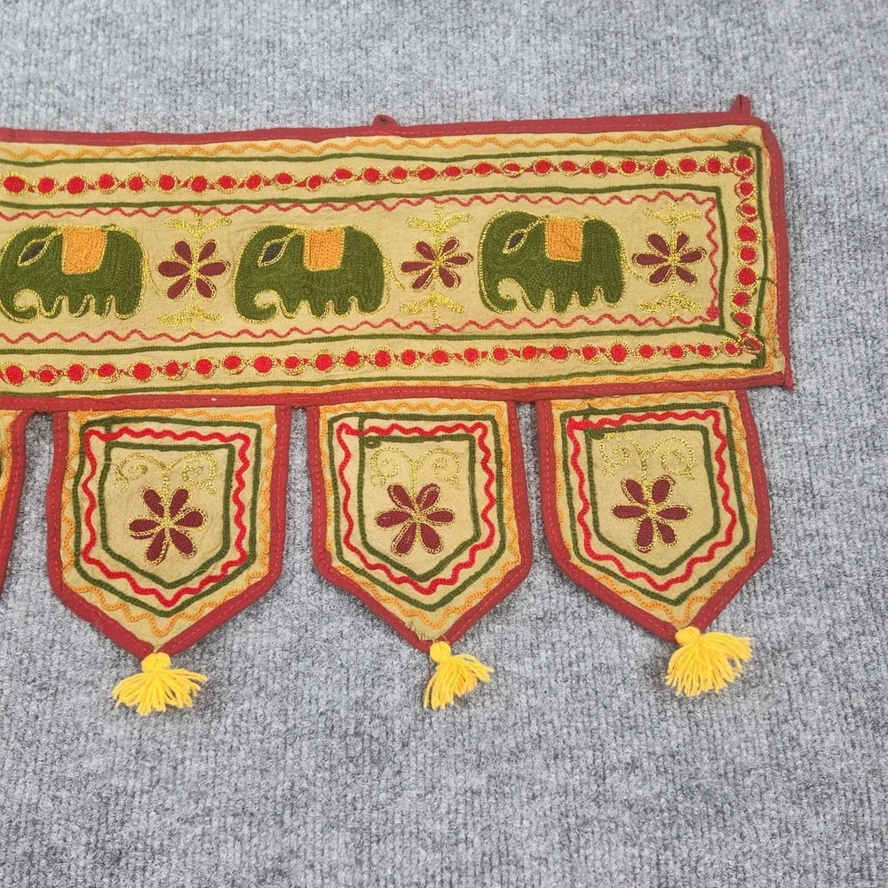 Indian Toran Door Hanging Embroidered Green Elephant Tassel Wall Decor 34x11